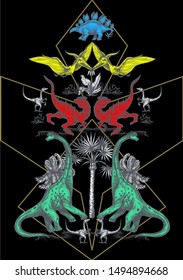 Symmetry composition with dinosaurs and geometrical elements.