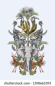 Symmetry composition with tropical trees and animals. Vector.