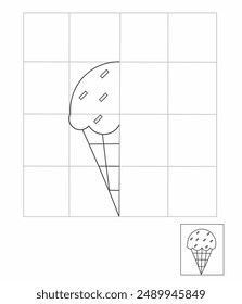 Dibujo de simetría para niños, dibuje la otra mitad actividad de cono de helado lateral para el jardín de infantes, hoja de trabajo de imagen completa, hoja de trabajo de simetría 