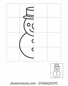 Desenho de simetria para crianças, desenhe a outra metade da atividade de boneco de neve para jardim de infância, planilha de imagem completa, planilha de simetria, atividade de planilha de natal