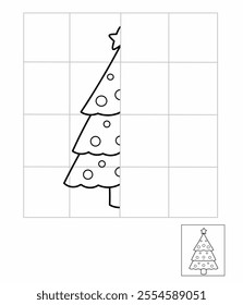 	
Symmetry drawing for kids, draw the other half side christmas tree activity for kindergarten, complete picture worksheet, Symmetry worksheet, christmas worksheet activity