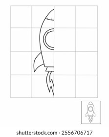 symmetry drawing for kids, draw the other half side rocket activity for kindergarten, complete picture worksheet, Symmetry worksheet