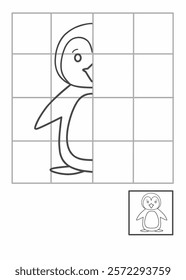 Symmetry drawing for kids, draw the other half side penguin activity for kindergarten, complete picture worksheet, Symmetry worksheet animals