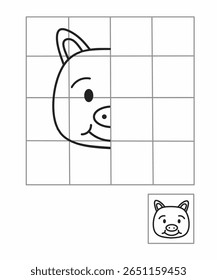 Desenho de simetria para crianças, desenhe a outra metade da atividade do porco lateral para o jardim de infância, planilha de imagem completa, animais de planilha de simetria