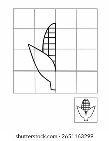 Desenho de simetria para crianças, desenhar a outra metade lado jack milho atividade para jardim de infância, planilha de imagem completa, planilha de simetria outono