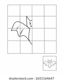 Desenho de simetria para crianças, desenhe a outra metade da atividade do morcego lateral para o jardim de infância, planilha de imagem completa, planilha de simetria halloween