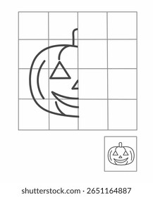 Desenho de simetria para crianças, desenhar o outro lado jack o atividade tardia para jardim de infância, planilha de imagem completa, planilha de simetria halloween