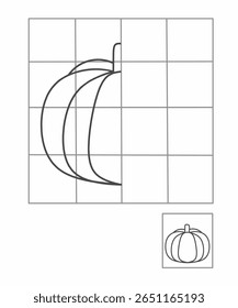 Desenho de simetria para crianças, desenhar a outra metade lado atividade de abóbora para jardim de infância, planilha de imagem completa, planilha de Simetria outono