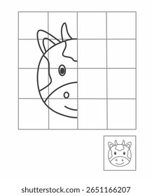 Desenho de simetria para crianças, desenhe a outra metade da atividade da vaca lateral para o jardim de infância, planilha de imagem completa, animais de planilha de simetria