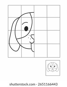 Desenho de simetria para crianças, desenhar a outra metade da atividade do cão lateral para o jardim de infância, planilha de imagem completa, animais de planilha de simetria