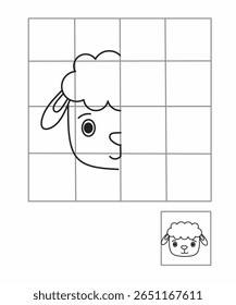 Desenho de simetria para crianças, desenhe a outra metade da atividade de ovelhas para jardim de infância, planilha de imagem completa, animais de planilha de simetria