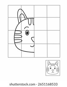 Desenho de simetria para crianças, desenhar a outra metade da atividade de gato lateral para jardim de infância, planilha de imagem completa, Simetria animais de planilha