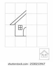 Planilha de desenho de simetria para crianças, desenhar a outra metade da atividade da casa lateral para jardim de infância, planilha de Simetria 