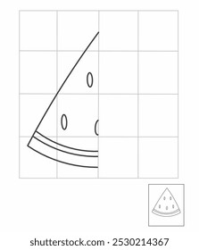 Planilha de desenho de simetria para crianças, desenhe a outra metade da atividade de melancia lateral para jardim de infância, planilha de Simetria 