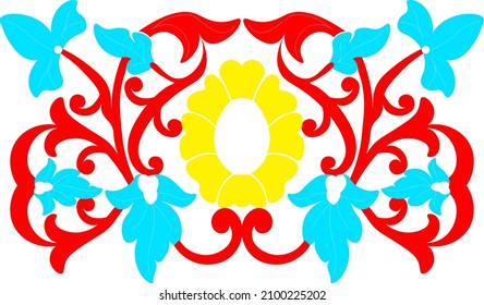 symmetry floral pattern with blue leaves and red stalk and yellow flower in the middle