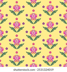 Symmetry floral seamless pattern for Dia de los Muertos or Cinco de Mayo holiday. Fantasy Mexican flower on yellow background. Vector illustration for textile, wallpaper