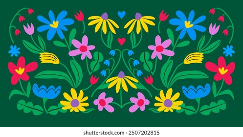 Simetría groovy pradera de flores de composición Horizontal. Abstractas ilustración estética vintage retro de los años 60 y 70. Fondo floral de verano colorido. Paleta de color verde, rojo, amarillo, azul.