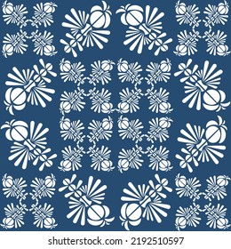 Symmetry pattern, white shape on blue background, shape look like insect or flower.