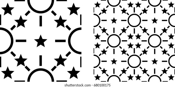 Symmetry seamless pattern of sun and star symbols. Single pattern is shown in the left. The example of assembly seamless is shown in the right.  