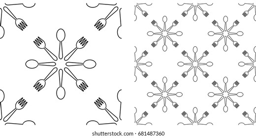 Symmetry seamless pattern of transparent spoon and fork. Single pattern is shown in the left. The example of assembly seamless is shown in the right.  
