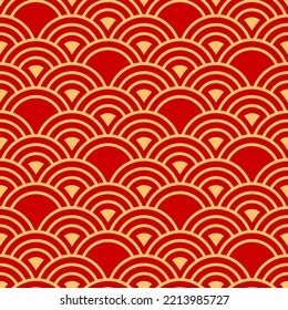 Symmetry tile traditional oriental asian ornament in red and golden colors. Vector japanese, korean or chinese golden coins, asian style seamless pattern. Islamic or moroccan mosaic, arabesque damask