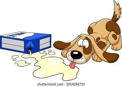 Sympathetic Dog Cartoon Character Drinking Milk From Broken Box. Vector Hand Drawn Illustration Isolated On Transparent Background