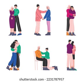 Sympathetic friends comforting. Consoling people. Crying and hugging persons. Emotional support. Care or of depressed characters. Couple relationship. Vector empathic men