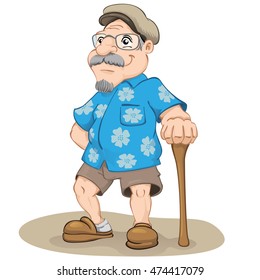 sympathetic old male smiling, wearing flowered shirt, beret, Bermuda, slipper and cane. Ideal for geriatric materials and elderly