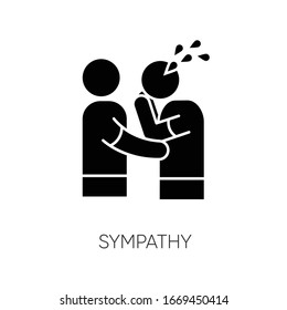 Sympathy black glyph icon. Friendly consolation and support, emotional care, friendship silhouette symbol on white space. Comforting, cheering sad friend. Vector isolated illustration