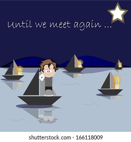 sympathy card, boats with lights candles on the water. Farewell ceremony in the evening. Condolences on water.