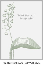 Sympathy card design with lily-of-the-valley illustration, vintage, vector, isolated, including text "With Deepest Sympathy".