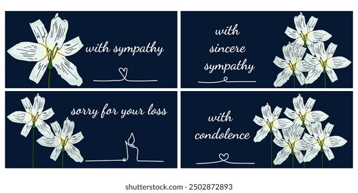 Sympathy cards, horizontal cards with lilies and condolence phrases vector illustration