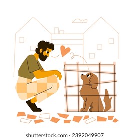 Sympathy of a man with an adorable dog sitting in a cage. Adopting a pet. Animal shelter. Cute vector illustration.