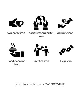 Sympathy, Social responsibility, Altruistic, Food donation, Sacrifice, Help, Black Icon Set