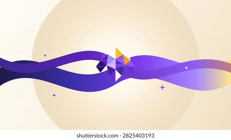 Symphonic abstract illustration showing digital audio tracks transforming into crystalline geometric facets. Violet, Indigo and Champagne color theme.