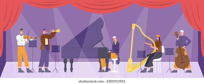 Symphonic chamber orchestra concert. People playing classical music. Musicians with wind and string instruments. Acoustic ensemble performance. Pianist or violinist