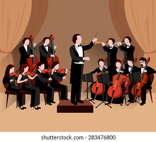 Symphonic Orchestra With Conductor Violins Chello And Trumpet Musicians Flat Vector Illustration