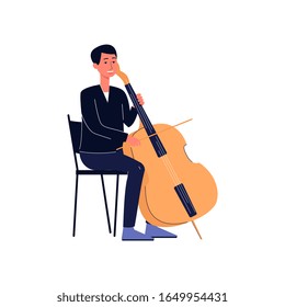 Música de orquesta sinfónica en traje de concierto con doble bajo o violoncelo, ilustración vectorial plana aislada en fondo blanco. Caricatura de músicos profesionales.