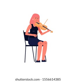 Symphonic orchestra professional music player - woman cartoon character in concert black dress playing violin flat vector illustration isolated on white background.