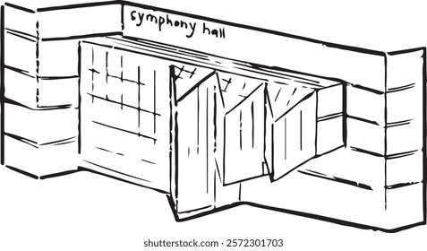 Symphony Hall, Birmingham, England black and white ink sketch. Modern concert venue with sleek architectural design and renowned acoustics. Cultural landmark illustration. Tourism hand-drawn isolated