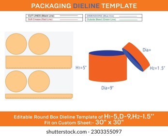 Symphony hat box, round lid box dieline template with the dimension H1 5, D 9, H2 1.5 inch