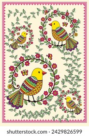 Symphony of Nature - A Vibrant Madhubani Celebration of Birds, Butterflies, and Trees, Blooming Sanctuary - A Handpainted Madhubani Journey Through a Flourishing Forest.