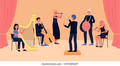 Symphony orchestra banner - cartoon people with musical instruments playing classical music on concert stage while looking at conductor. Flat vector illustration