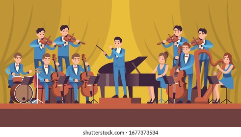 Symphony Orchestra. Classical music concert, conductor and musicians with instruments violin, flute and cello, trumpet and harp vector entertainment concept