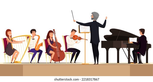 Symphony orchestra with conductor and musicians on theatre stage vector illustration. Cartoon isolated group of professional performers and artists with instruments playing classic music symphony