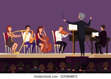 Symphony Orchestra With Conductor Playing Classic Music On Stage In Front Of Audience Vector Illustration. Cartoon Musicians Artists With Philharmonic Instruments Play Melody Background. Art Concept
