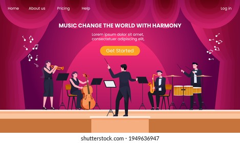 Symphony Orchestra Harmony With Conductors In Front Of The Theater Stage, Vector Illustration Concept