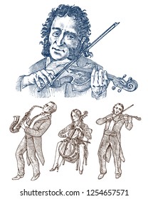 Symphony Orchestra. Men and women play the classical instruments, the violin, the cello, and the trumpet. Vintage style music concept. Elegant Performance by Artists. Engraved hand drawn sketch.