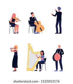 Symphony orchestra musician people - flat isolated cartoon set on white background. Men and women with musical instruments performing in concert, vector illustration.