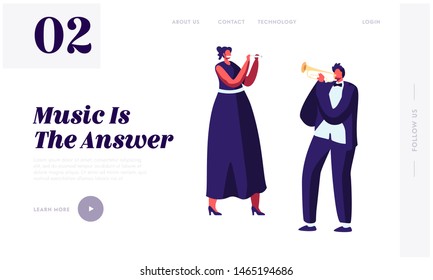 Symphony Orchestra Musicians Playing Classical Music Website Landing Page, Performing on Stage with Flute and Trumpet Instruments, Performance Concert Web Page. Cartoon Flat Vector Illustration Banner